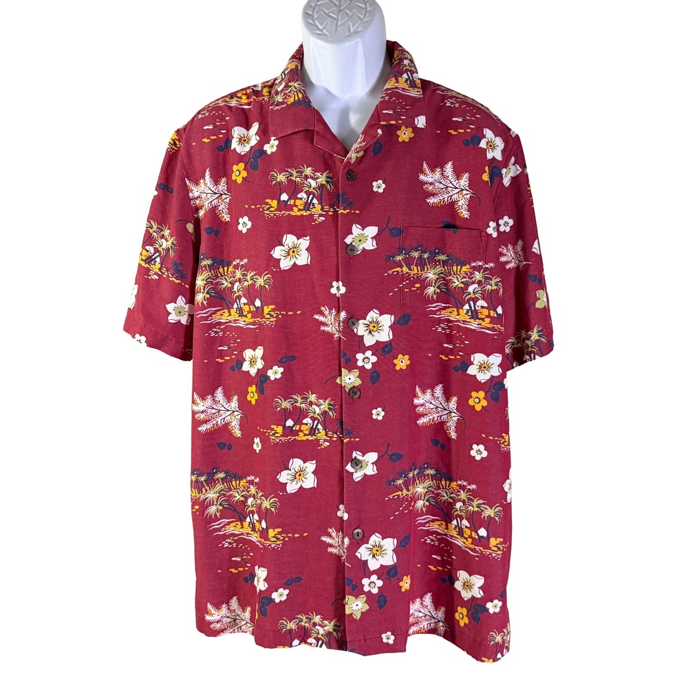 Caribbean Button Down Shirt Mens XL Red Tropical Palm Tree Floral Short Sleeve